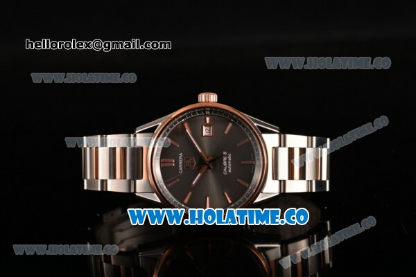 Tag Heuer Carrera Calibre 5 Automatic Swiss ETA 2824 Automatic Full Steel with Grey Dial Rose Gold Bezel and Stick Markers - Click Image to Close